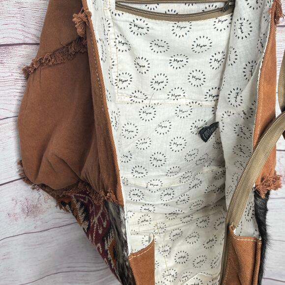 Myra Leather Cotton Boho Western Rodeo Berry Cowhide Weekender Zipper Tote Bag - Picture 6 of 15
